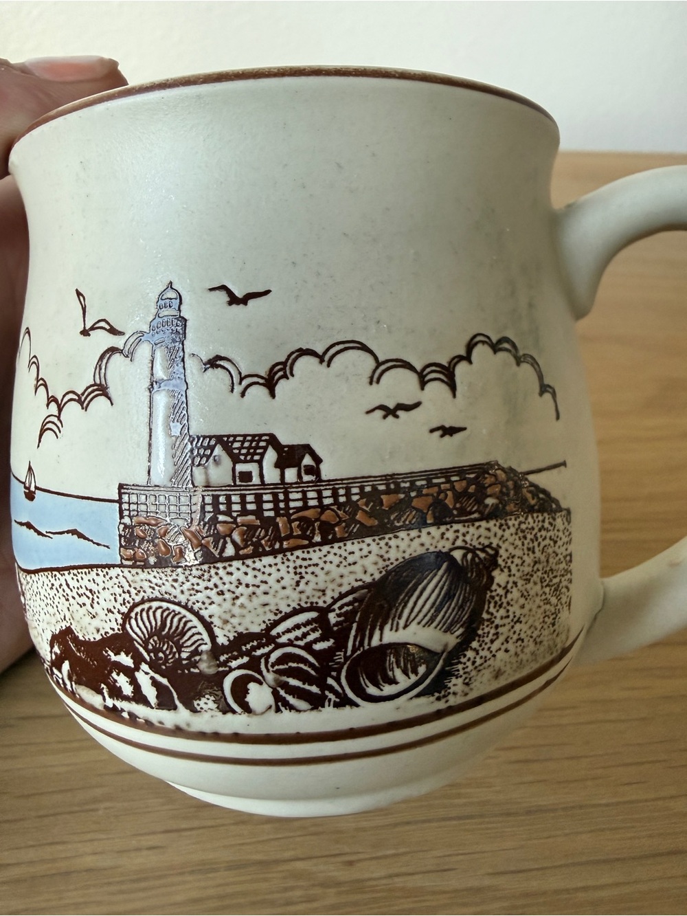 Vintage Nautical Lighthouse Coffee Mug Cup - Stoneware Beach Scene Cream & Brow - Picture 5 of 11